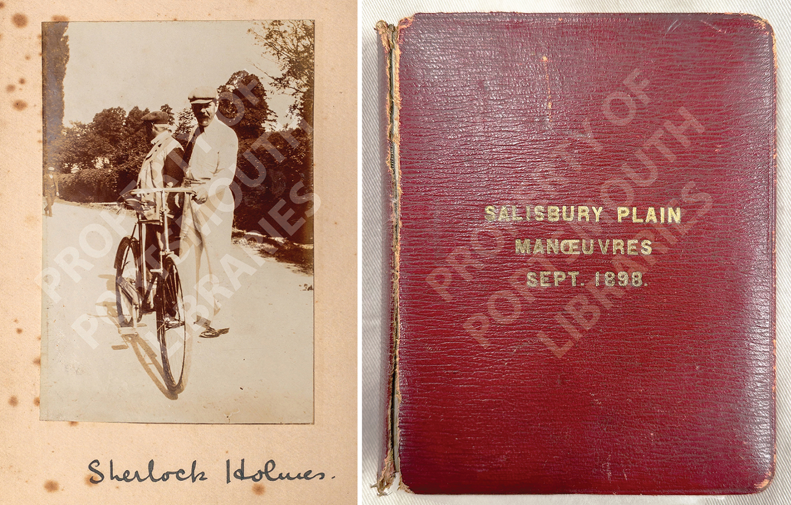 Two photos, one of a postcard showing Doyle on a bicycle and the front cover of a red book that reads: Salisbury Plain Manoeuvres Sept. 1898